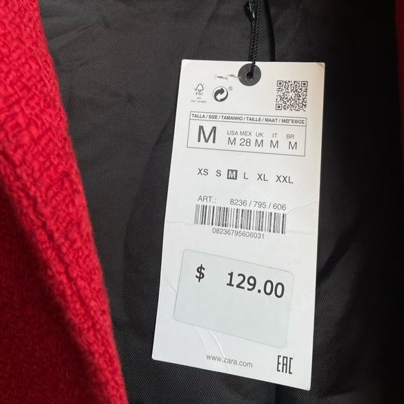 ZARA Red Boucle Textured Blazer Jacket w/ Detachable White Cuffs NWT *Flawed - Picture 15 of 16